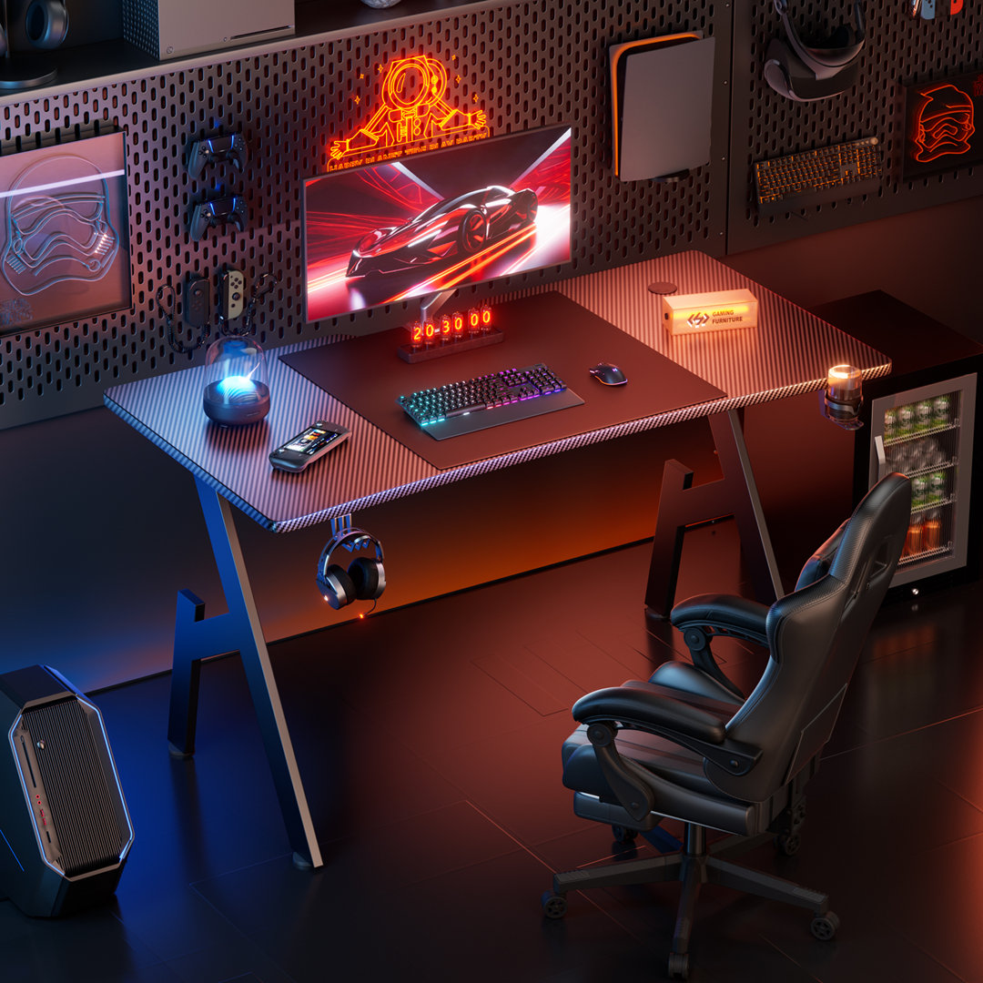 Oleita 47 Inch Gaming Desk With Carbon Fibre Surface Large Computer Desk Gaming Table Ergonomic Pc Gaming Workstation Home Office Desks With Cup Holder & Headphone Hook Inbox Zero 