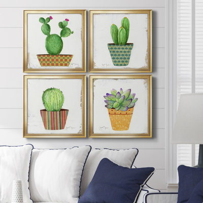 Boho Cacti I - ensemble de 4 peintures sur toile encadrées