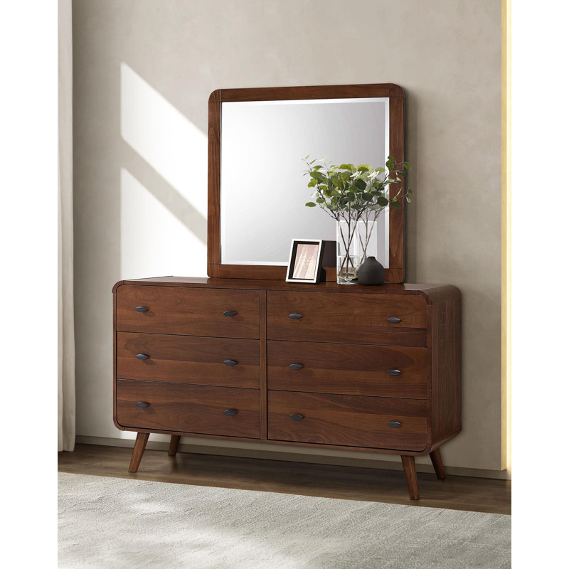 Commode 6 tiroirs avec miroir noyer foncé