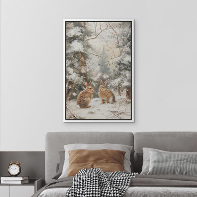 Paisible forêt d'hiver avec adorables lapins bruns dans un paysage enneigé, art moderne chaleureux