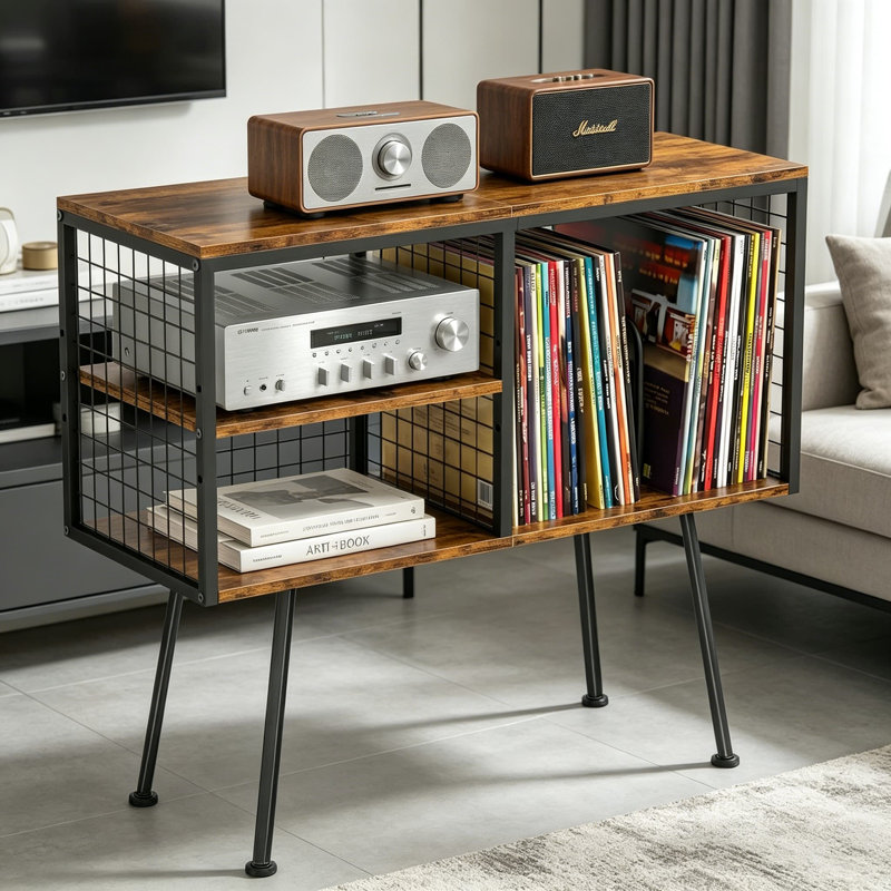 Support pour tourne-disque avec rangement pour disque vinyle, peut contenir jusqu'à 150 albums, support pour table tournante à 3 niveaux avec cloison réglable, table de tourne-disque industrielle pour le salon, brun rustique