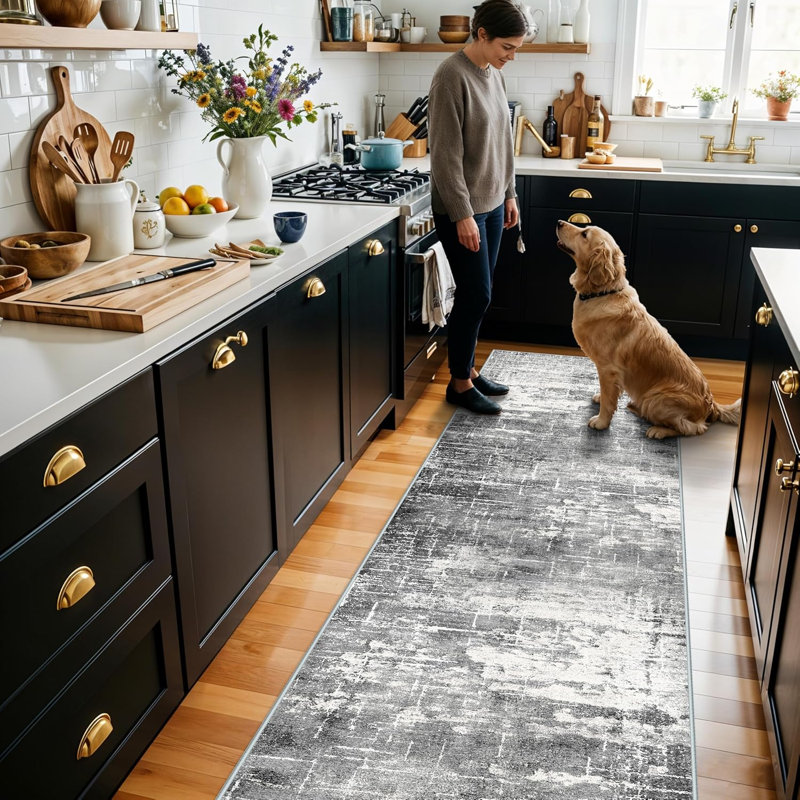Washable Kitchen Runner Rug Non-Slip, Black/Grey, 2' x 8'