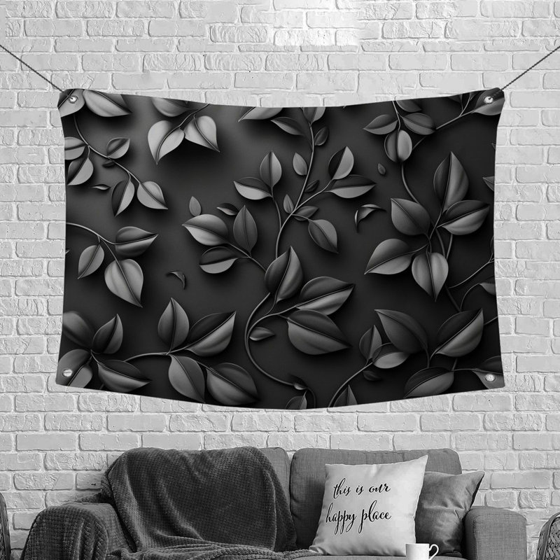 Monochrome Leaves Art Microfiber Fabric Tapestry, 68" H x 80" W