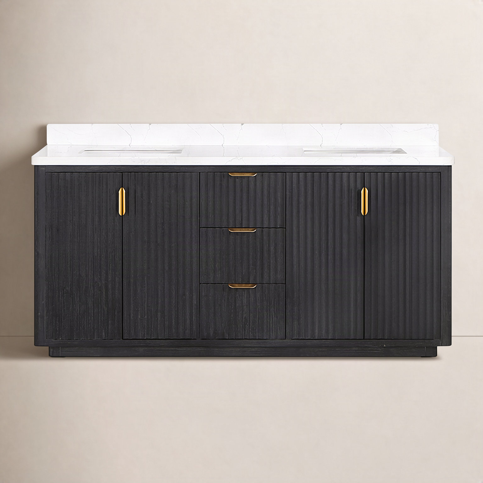 Adela 72'' Double Bathroom Vanity, Black, White, Gold