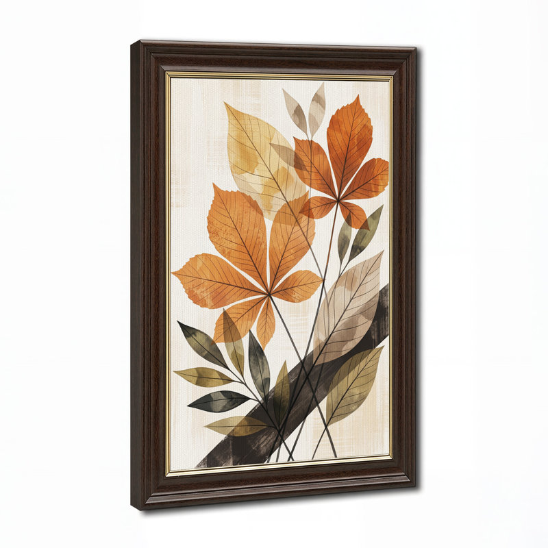 Toile murale texturée à motifs de feuilles botaniques rouille et vertes, H 24 po x l 16 po