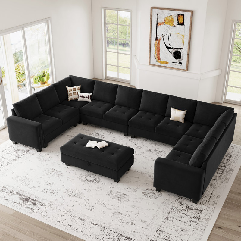Shavera 155.8" W Velvet Upholstered 8-Person Sectional with Ottoman , Black Velvet
