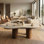 Table basse 48 "Modern Cloud, plateau en faux travertin avec pieds en placage de noyer, hauteur 15"