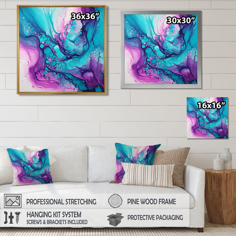 Encre liquide liquide magenta mauve - salon d'art mural en marbre, Toile avec cadre flottant or, H 36 po x l 36 po x P 1,5 po