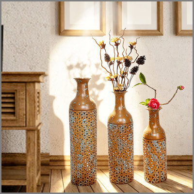 Ensemble de 3 vases décoratifs en métal, vases de plancher à motif de feuilles brunes rustiques, grands vases bruns rustiques pour la décoration intérieure