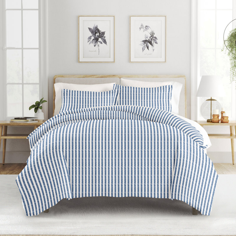 Navy and White Microfiber Striped Full/Queen Duvet Cover Set