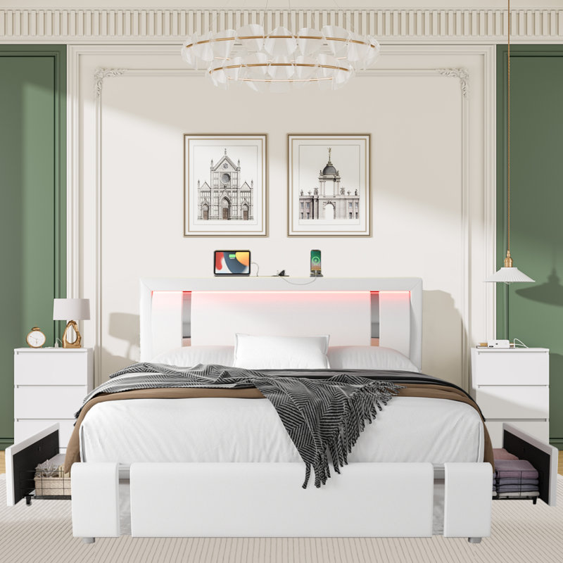 Landenn 3-Piece Bedroom Set with Storage and Charging Port, Queen, White