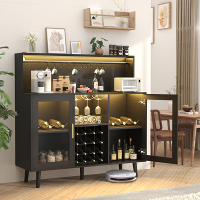 Wine Bar Cabinet With Led Lights, Coffee Bar For Liquor, Alcohol Cabinet W/Glass Rack And Removable Wine Racks, Home Bar Buffet Cabinet W/Storage For Living Room Dining Room Kitchen, Black
