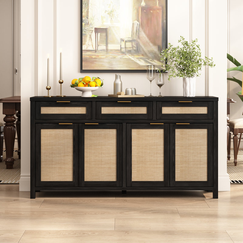 Buffet en rotin l 63 po avec 3 tablettes de rangement réglables Ciauna, Noir