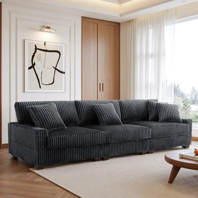 3 - Piece Upholstered Gray Faux Rabbit Fur Flannel Modular Sectional Sofa with Armrests & Throw Pillows