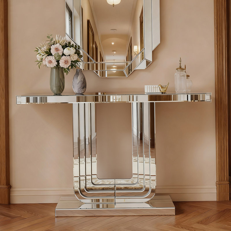 Elegant Mirrored Console Table With U-Base And Hand-Spliced Line Design For Modern Entryways And Living Spaces, 47 Inch