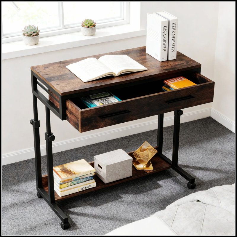 Bureau mobile compact à hauteur ajustable avec roulettes, parfait pour les espaces de travail et de vie flexibles.