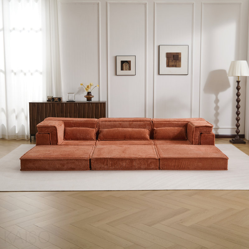 Canapé à compression, canapé-lit convertible au sol, canapé modulaire Diy Boneless, sans assemblage requis, tissu polaire circulaire, surdimensionné à 3 places avec 3 coussins, orange