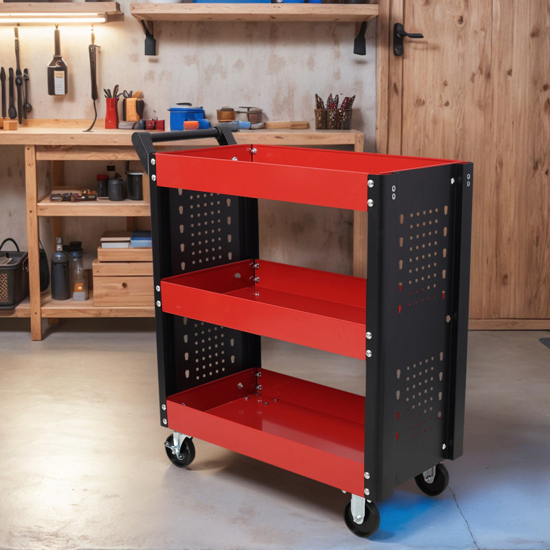 Chariot à outils robuste à 3 niveaux avec panneau perforé pour garage et atelier, Noir / Rouge