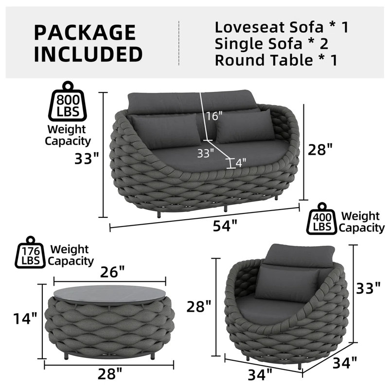Polyester Rope 4-piece Patio Conversation Sofa Set, Dark Gray
