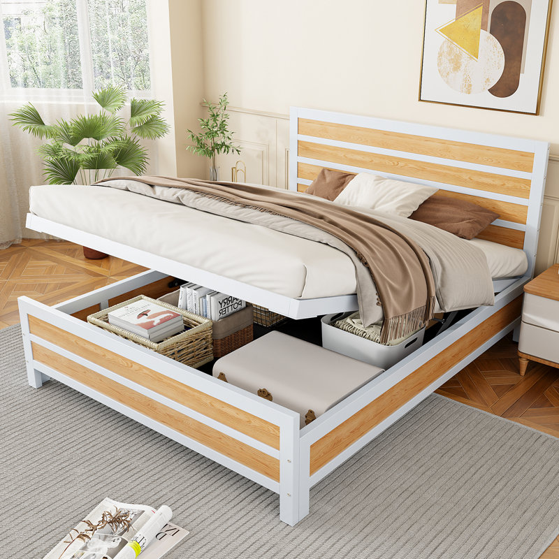 Grand lit plateforme en métal avec rangement sous le lit, Blanc