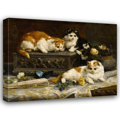 "Three Watchful Kittens" by  Charles Van Den Eycken - Gallery Wrap Canvas Wall Art