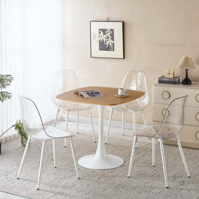 Ensemble de salle à manger 1 + 4,5 pièces, table de salle à manger à pieds en métal Mid-Century pour 4-6 personnes avec plateau en panneau de fibres à densité moyenne, table de salle à manger à piédestal, table basse de loisirs, ensemble