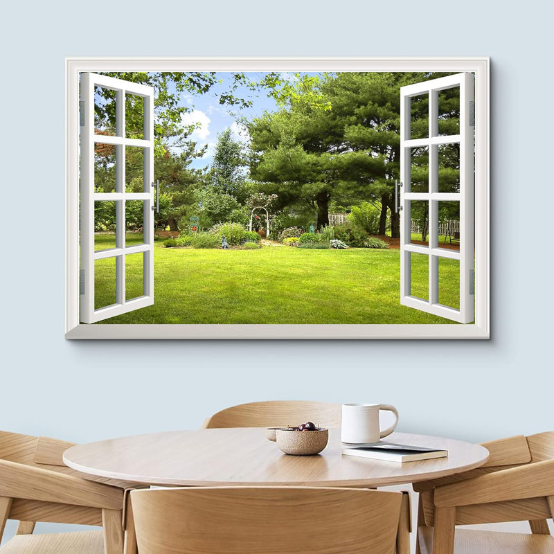 Window Scenery " Print Window Frame Style Beautiful Garden Backyard With Green Trees And Clear Blue Sky In Spring "