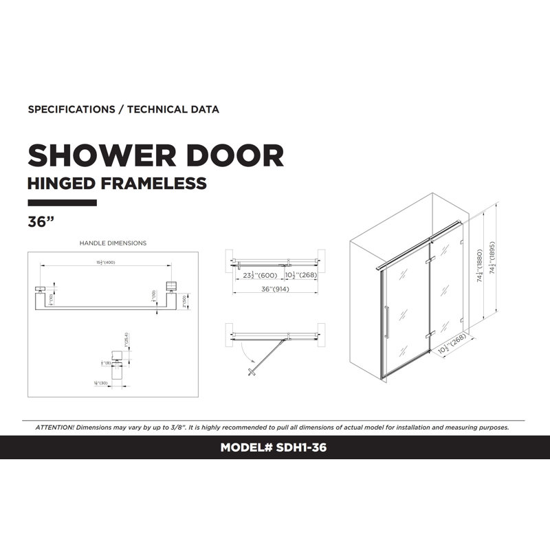 Porte de douche à charnière sans cadre l 36 po x H 74,25 po, Laiton satiné