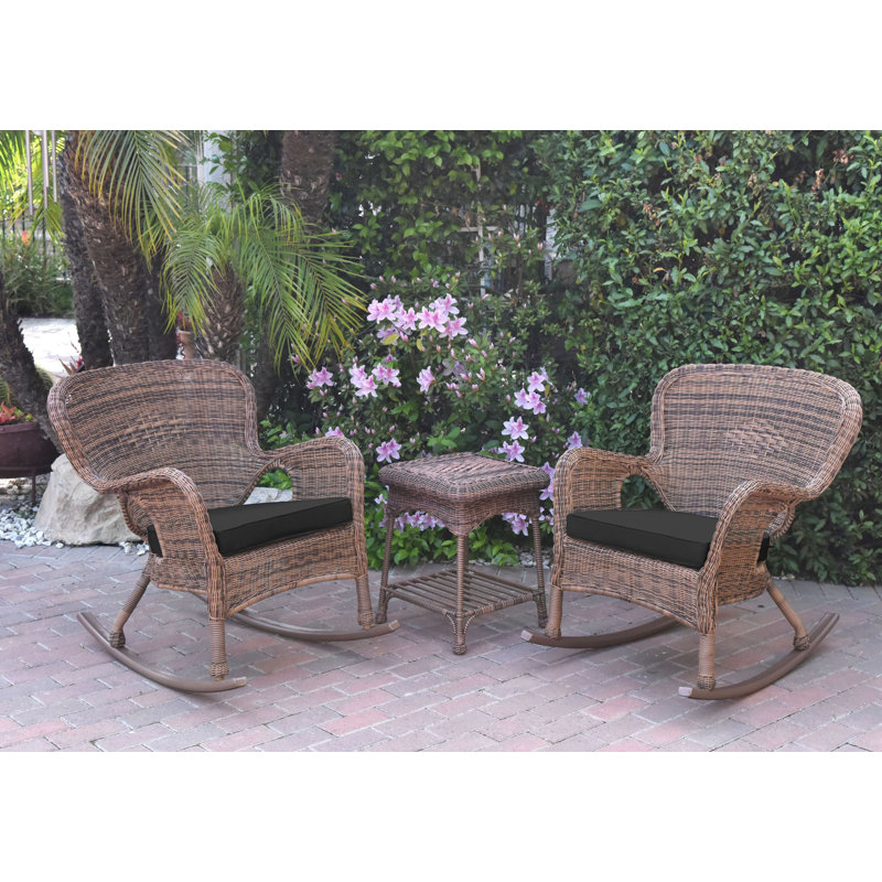 Chaise berçante en osier et table de bout avec coussins Windsor, Noir, Miel