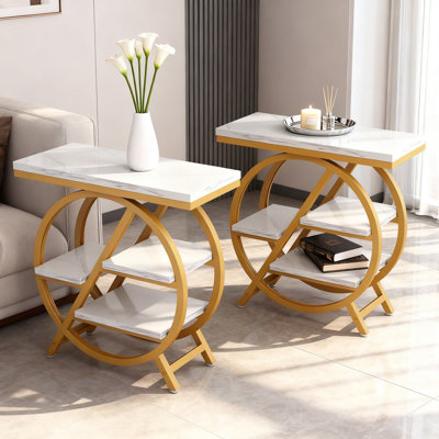 4-Tier Narrow End Table Set Of 2, Modern Faux Marble Side Table With Large Storage Space For Living Room, Bedroom And Home Office
