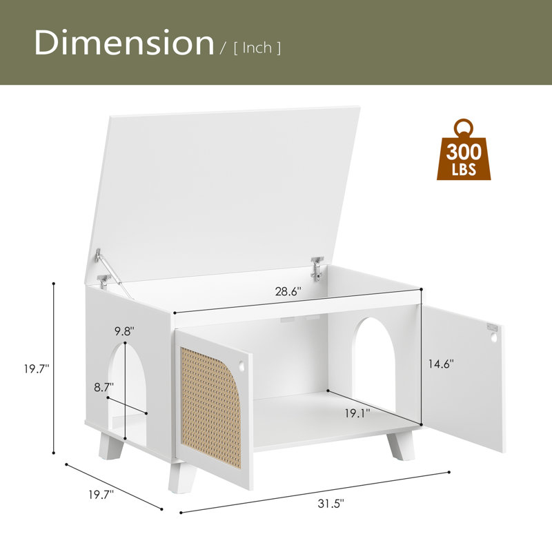 Armoire à litière à couvercle rabattable pour chat avec portes décoratives en rotin pour votre maison, deux entrées, Blanc