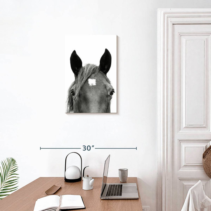 Brampt regardant un cheval en noir et blanc, H 24 po x l 16 po