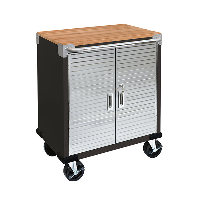 Graphite Steel Rolling Cabinet with Hardwood Top and Lockable Doors