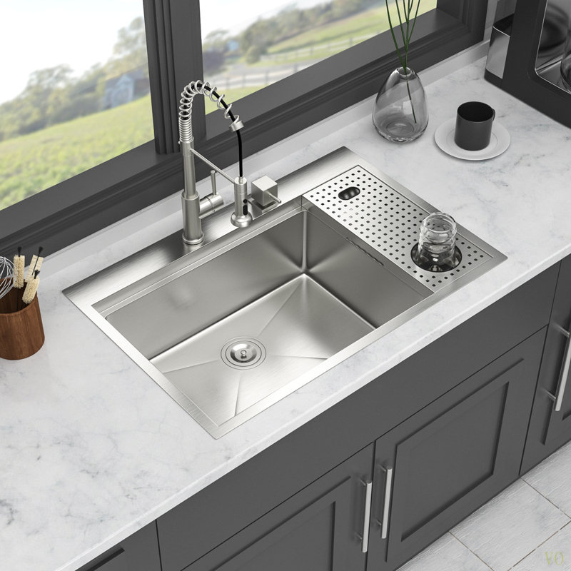 Évier de cuisine à montage sur plan 33 po avec laveuse à tasses - Évier de cuisine à cuve simple en acier inoxydable de calibre 16 de 33 po x 22 po