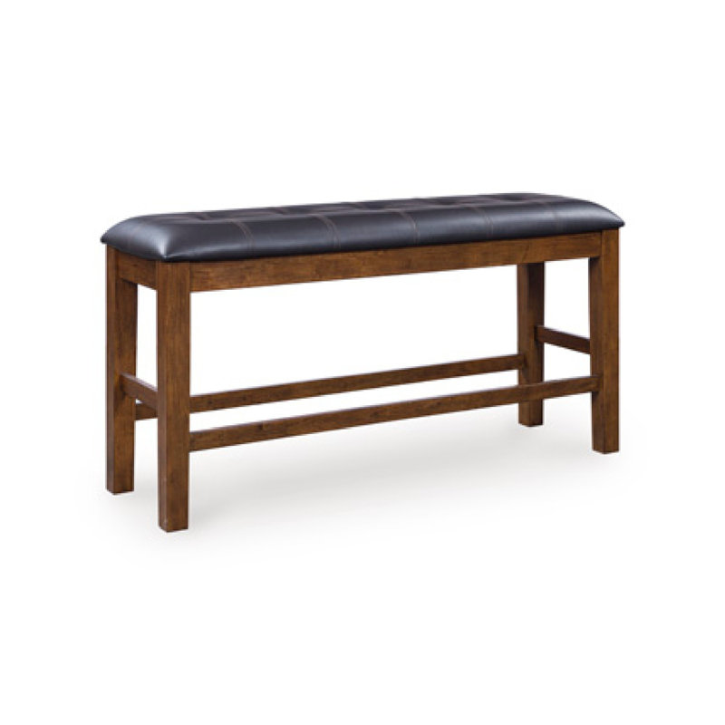Banc à hauteur de comptoir Raly, rembourré en similicuir noir de 50 pouces, bois brun