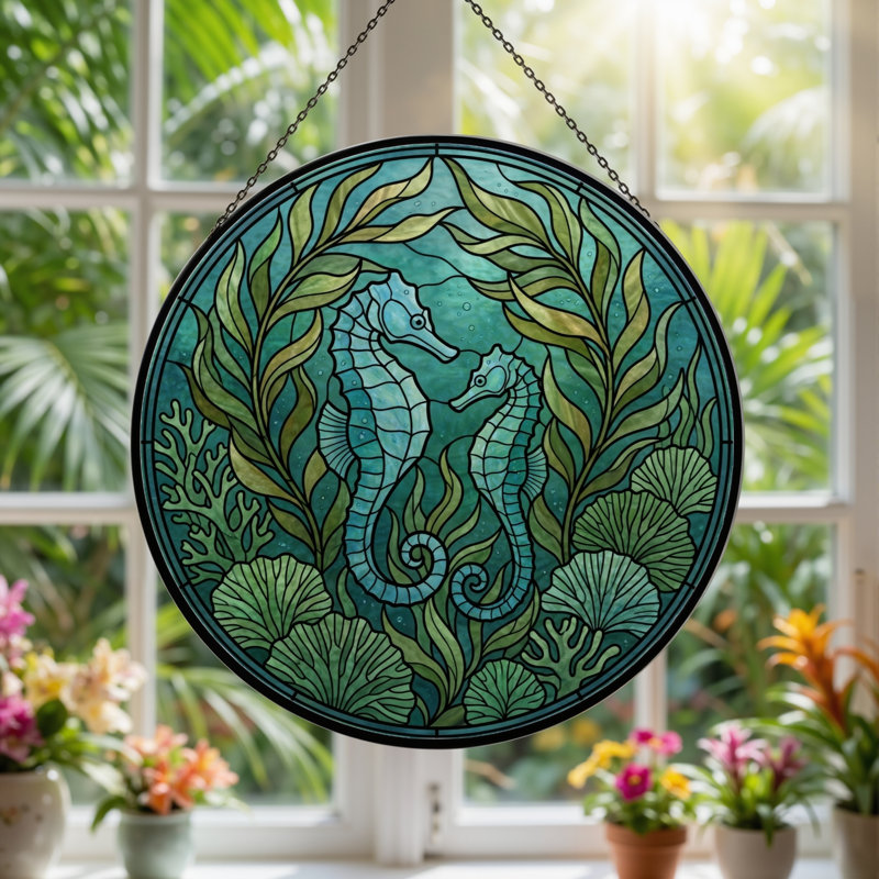 Panneau de fenêtre vitrail Seahorse H 12 po, 12"H