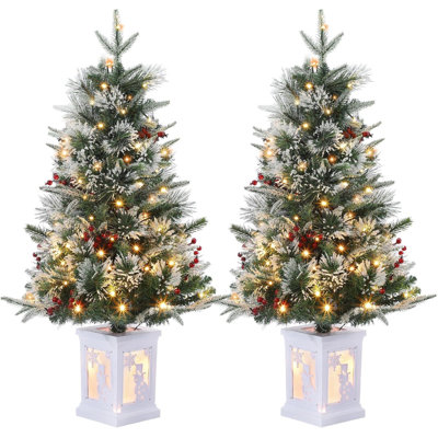 3FT Pre-Lit Artificial Christmas Tree Tabletop With 78 Warm White Lights, Flocked Potted Christmas Tree With Berry Clusters, Battery Operated, For Front Door, Porch, Green, 2 Pack