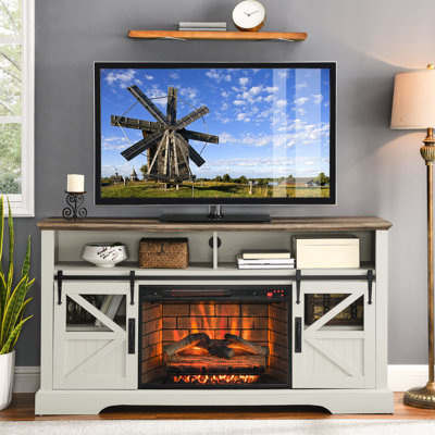 60" Electric Fireplace Tv Cabinet - Jasmine White. 5000 /h Heat Output, Realistic Resin Logs, Overheat Protection, Multi Storage 60 Inch With Door Sensor 50000 Hours Led, 1500w Heat, Remote Control,