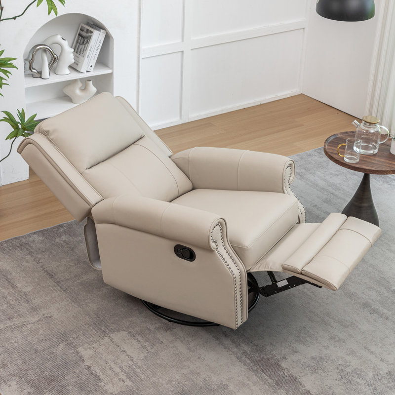 33" Wide Genuine Leather Upholstered Rocker Recliner, Beige