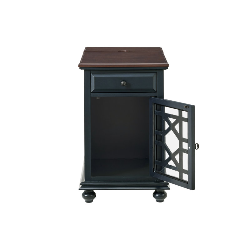Ahmara End Table with Storage and Built-In Outlets, Coffee Walnut Top / Catalina Blue Base