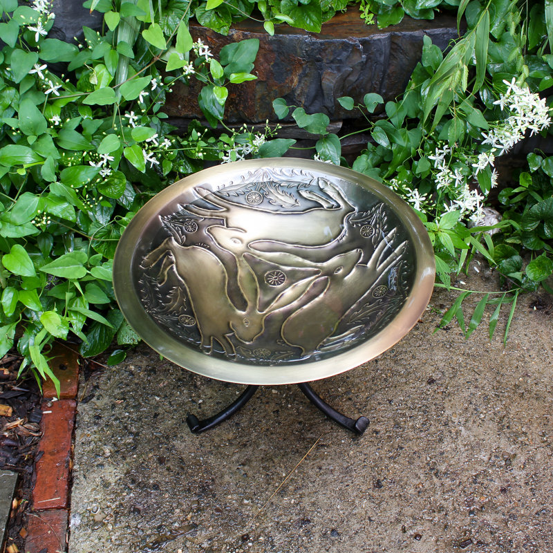 Antique Brass Three Hares Birdbath with Black Iron Stand