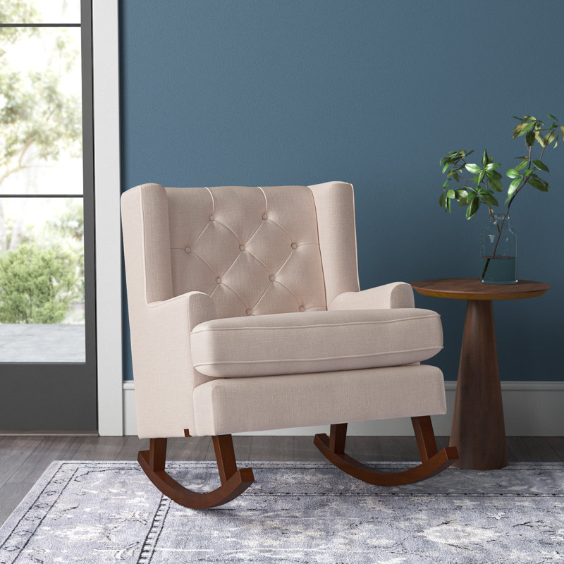 Chaise berçante moderne en bois massif, Lin beige