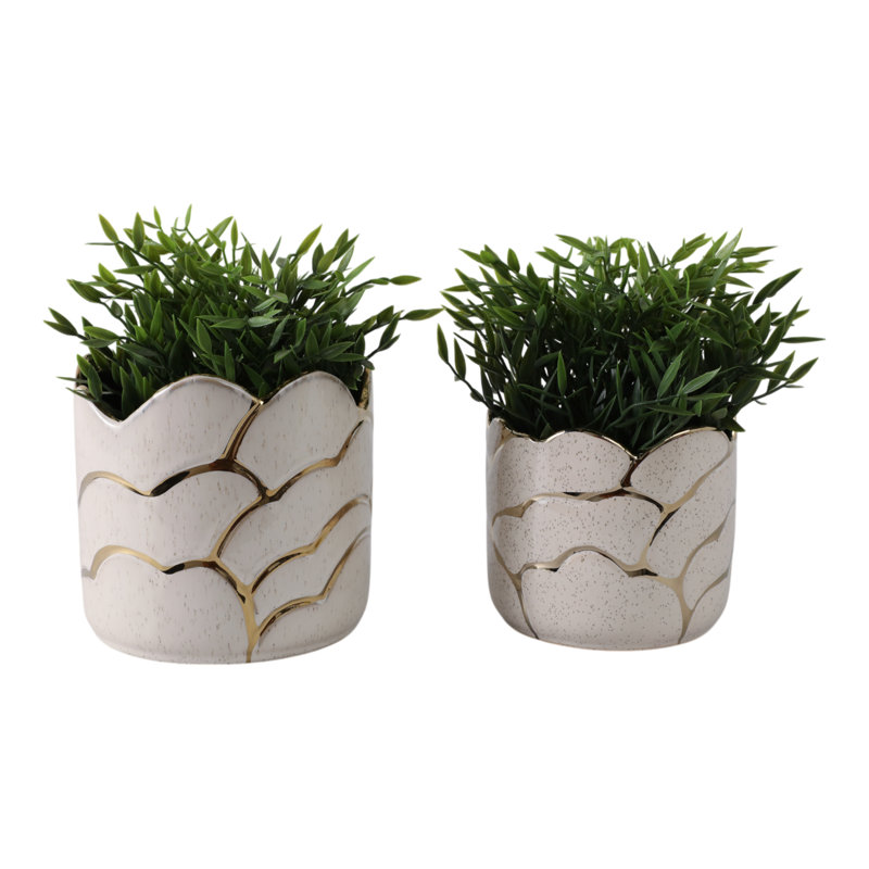 Ceramic Planters Metallic Wave Pattern Modern Decorative Accent Home Garden Indoor Outdoor Use Stylish Display Pots Set of 2 - 7", 5" Gold