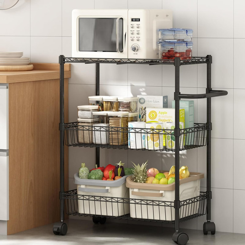 3-Tier Rolling Storage Cart With Adjustable Shelves, Wire Baskets, And 360-Degree Wheels For Kitchen, Bathroom, Office, And Laundry Organization