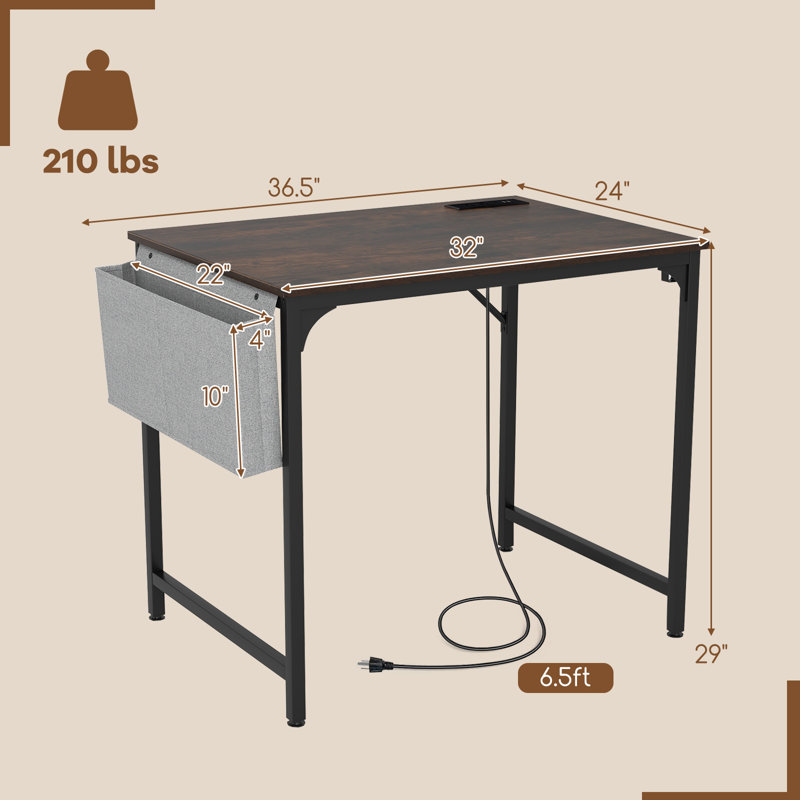 Home Office Desk, Computer Desk w/Recessed Power Strip & Wide Desktop, Workstation Writing Table, 29" H x 36.5" W x 24" D