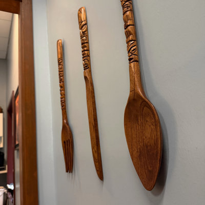 Tropical Tiki carved wood spoon, fork and knife kitchen wall sculpture set, 24 inches high