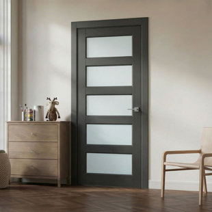 Interior Black Pantry Frosted Door Tempered Glass 5-Lite Solid Core Slab Door Primed Glass Paneled Standard Door Slab For French Bathroom Doors