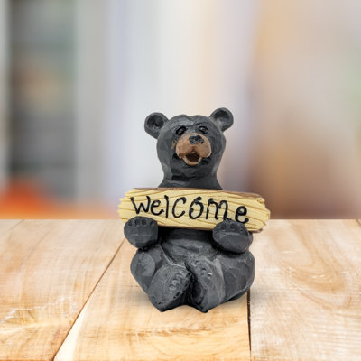Resin Rustic Woodland Black Bear Figurine with Reversible Welcome and Go Away Sign for Home or Office Décor