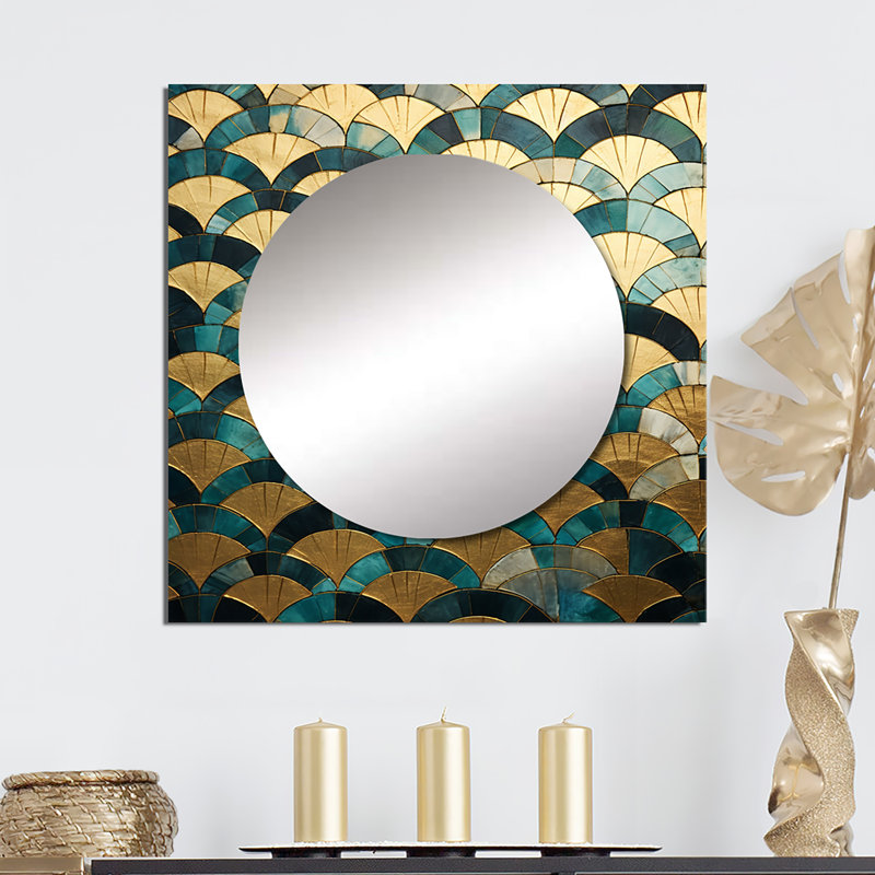Ayrika - Emerald And Golden Arches IV Abstract Shapes Square Mirror Wall Art For Bathroom, 36" x 36"