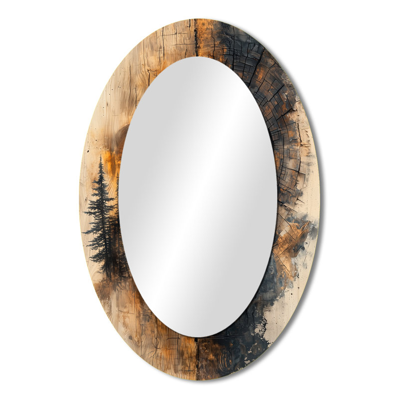 Totem Inuit Tower In A Forest Landscape I - Orange Modern Oval Wall Mirror, 36" x 24"